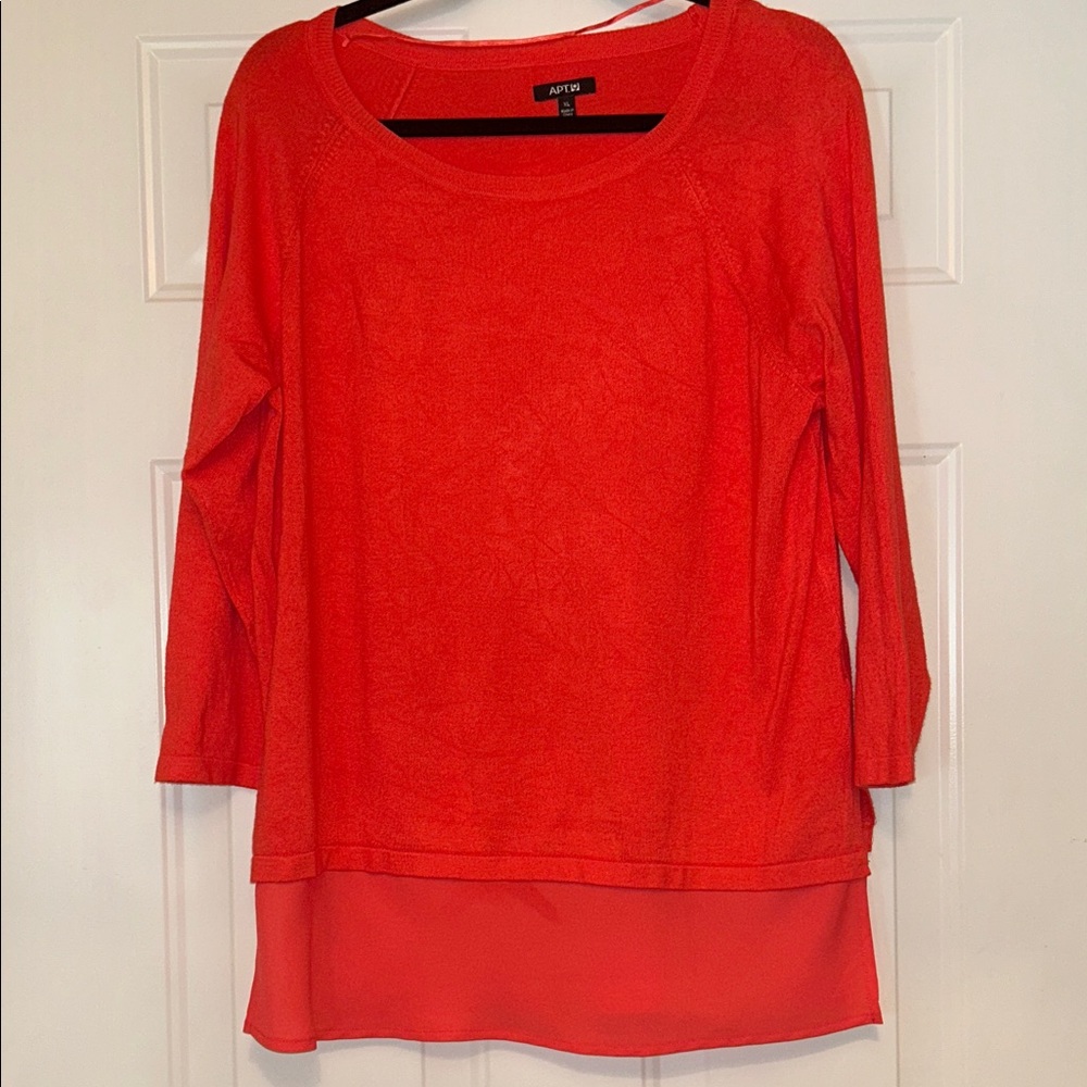 Layered Tunic Top Sweater XL Coral Sheer Hem Relaxed 3/4 Sleeves Lightweight